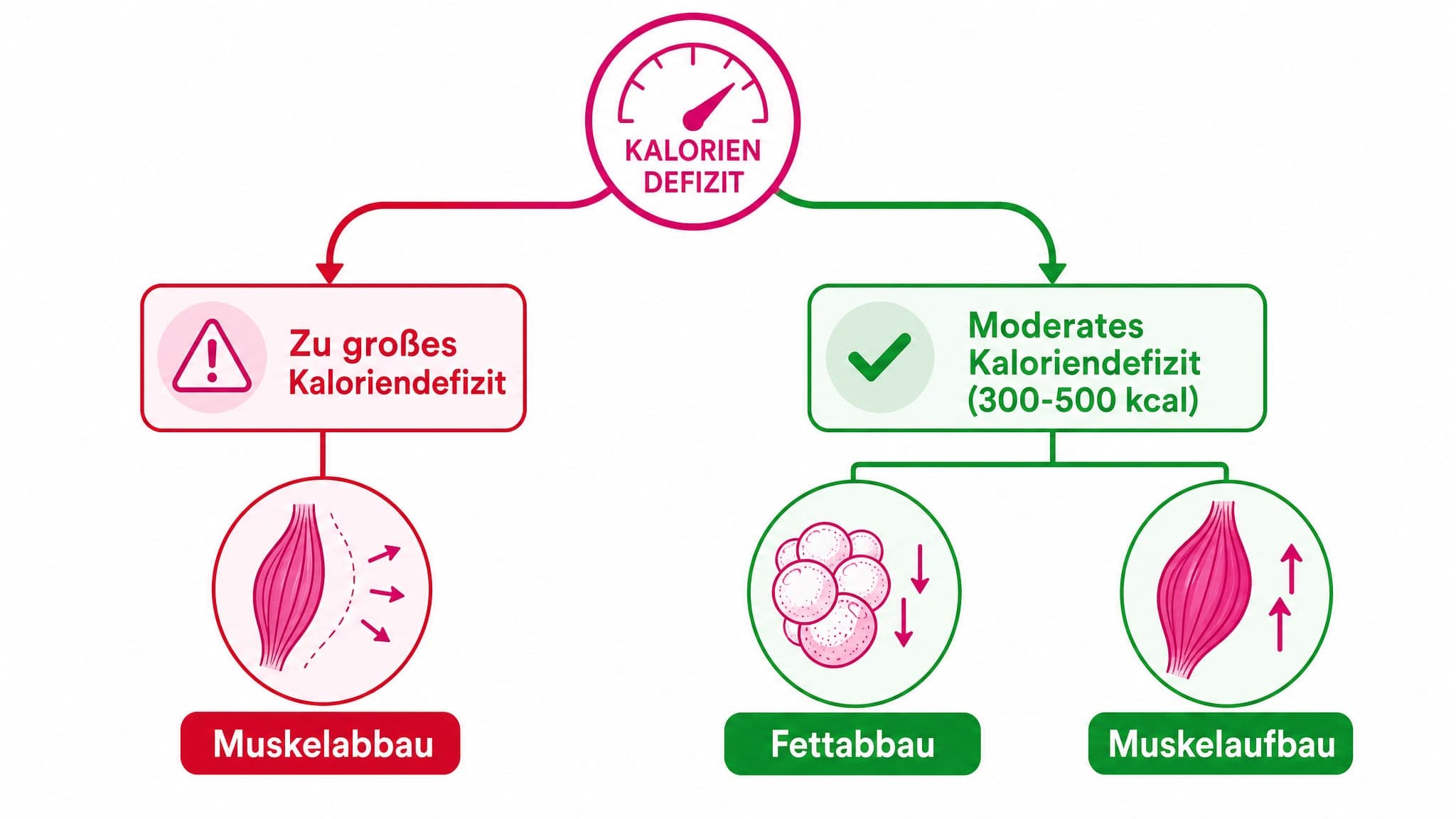 Zwei Wege werden verglichen: ein roter Weg mit großem Kaloriendefizit und negativen Folgen, ein grüner Weg mit moderatem Defi