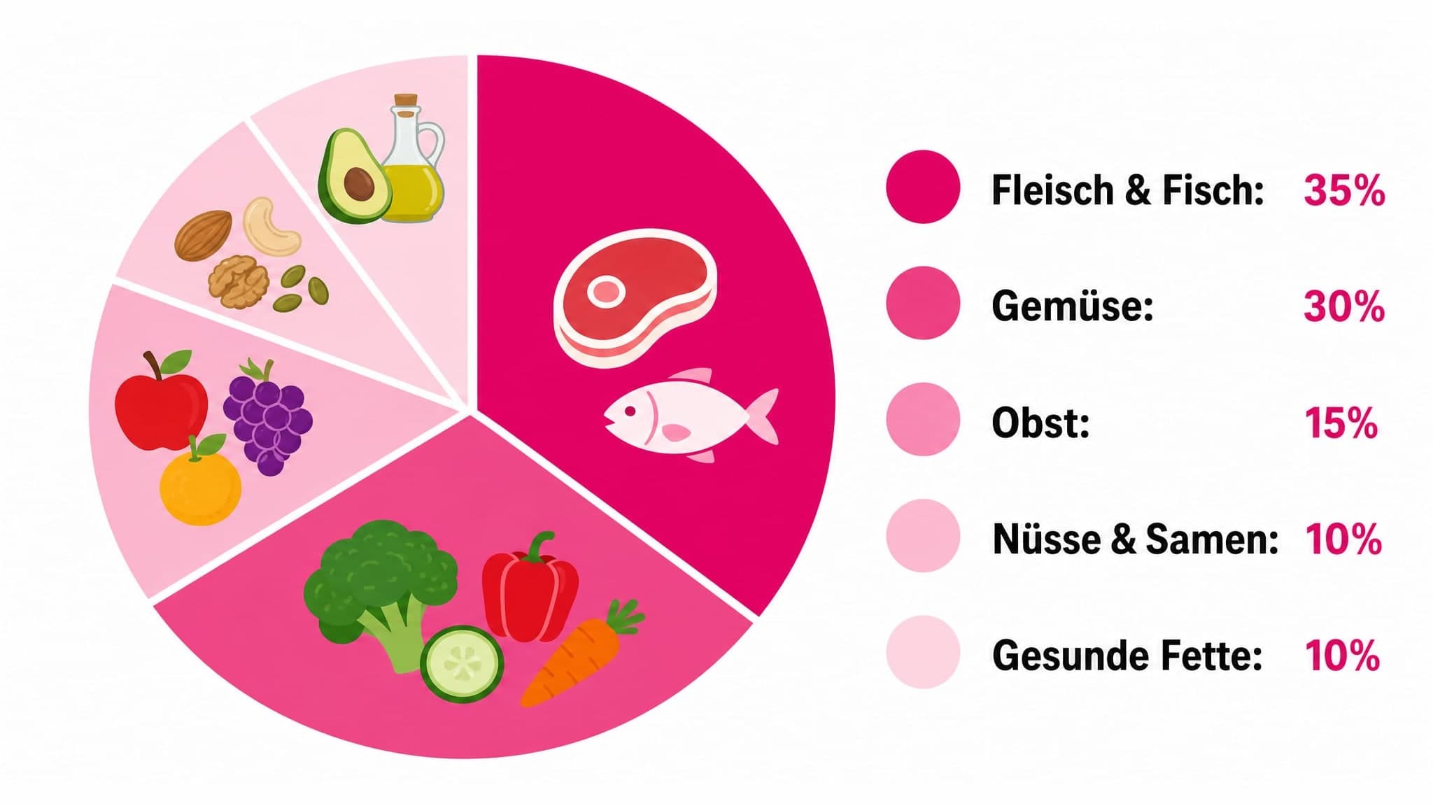 Kreisdiagramm zeigt die Anteile der Lebensmittelgruppen in der Paleo Diät: Fleisch/Fisch (35%), Gemüse (30%), Obst (15%), Nüs