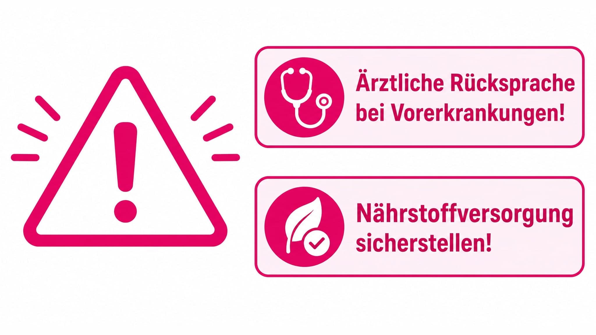 Warnsymbol (Ausrufezeichen) neben Texten: "Ärztliche Rücksprache bei Vorerkrankungen!", "Nährstoffversorgung sicherstellen!".