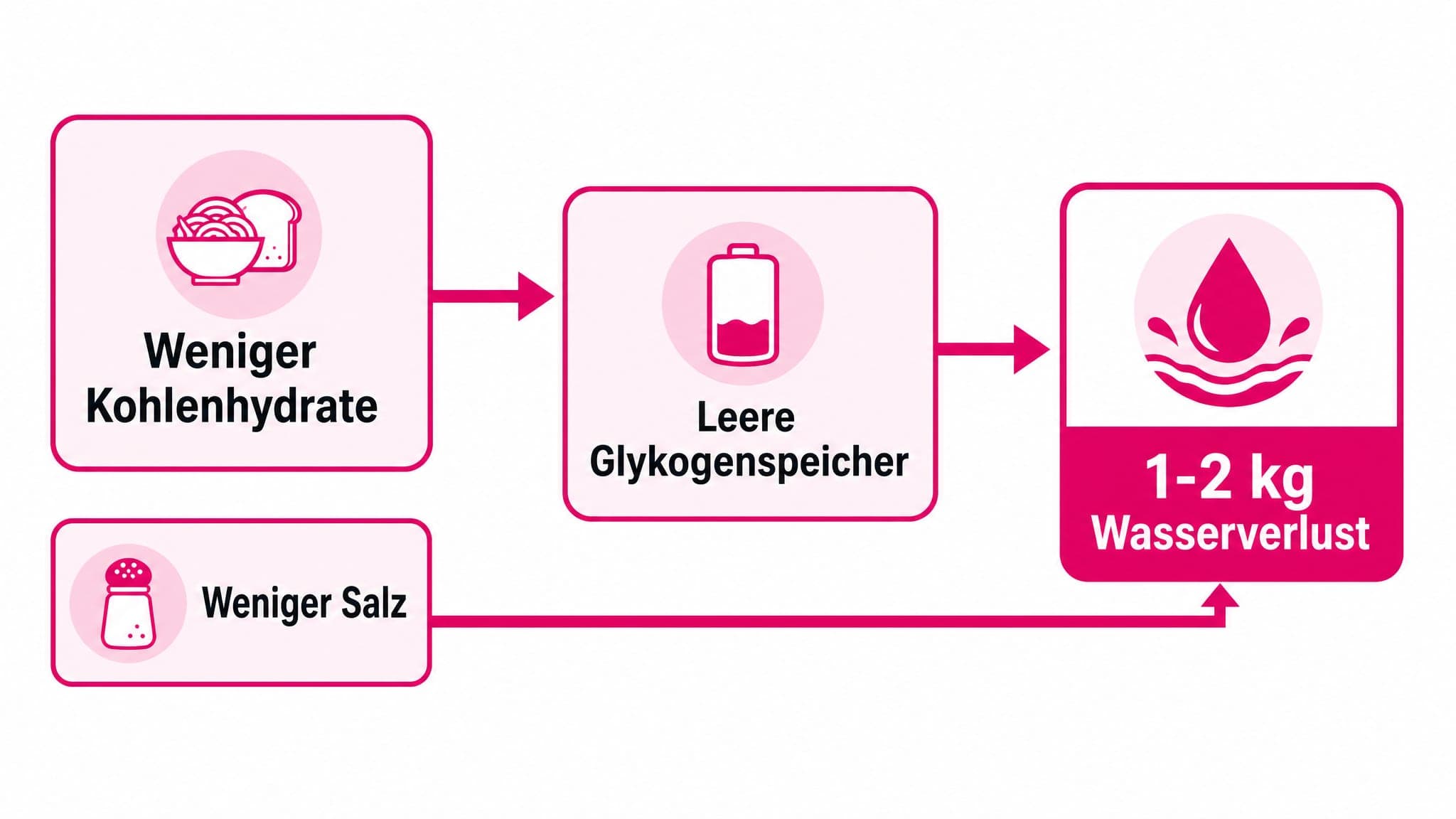 Flussdiagramm: Weniger Kohlenhydrate -> leere Glykogenspeicher -> Wasserverlust. Weniger Salz -> geringere Wassereinlagerung.