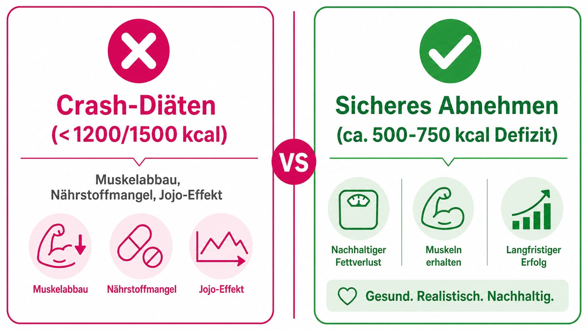 Zwei Spalten: Links ein rotes "X" mit Text "Crash-Diäten (<1200/1500 kcal)". Rechts ein grüner Haken mit Text "Sicheres Abneh