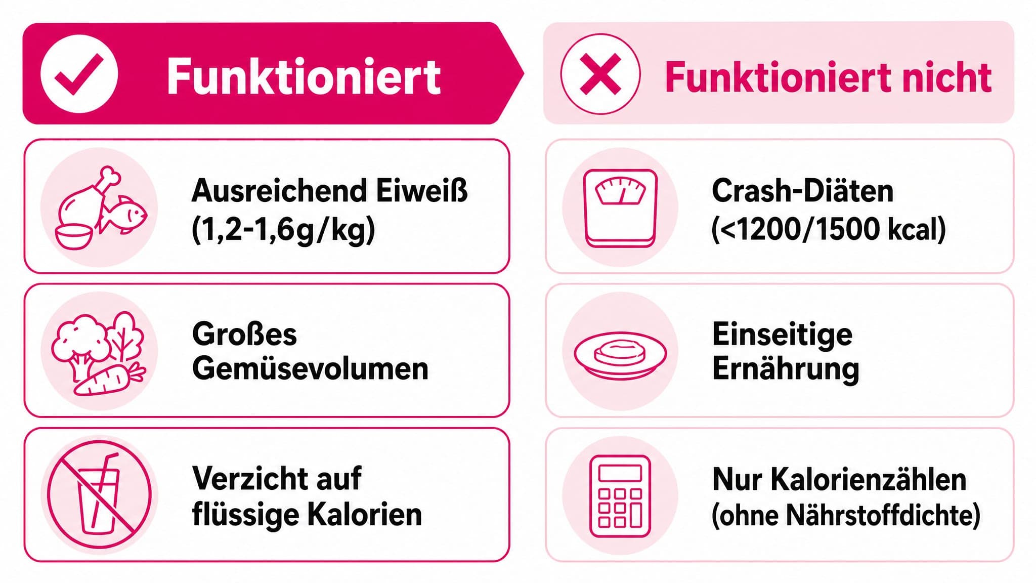Linke Spalte (funktioniert): Viel Eiweiß, großes Gemüsevolumen, Verzicht auf flüssige Kalorien. Rechte Spalte (funktioniert n