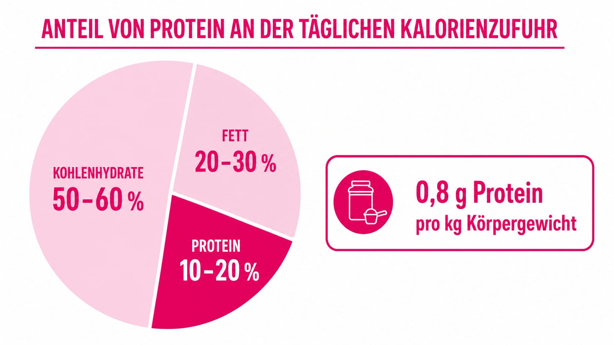 Ein Kreisdiagramm zeigt den Anteil von Protein am täglichen Kalorienverbrauch, mit einer Hervorhebung der empfohlenen Menge.