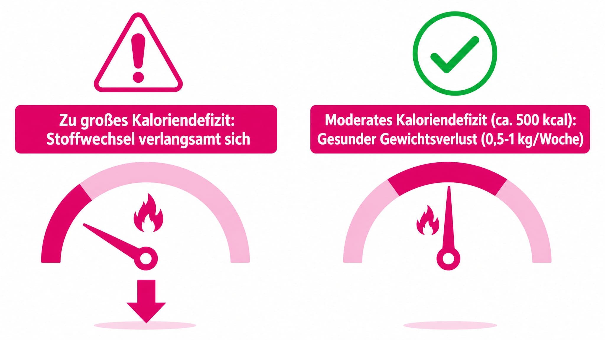 Ein Warnsymbol mit einem Pfeil nach unten für zu großes Defizit und ein grünes Häkchen für moderates Defizit.