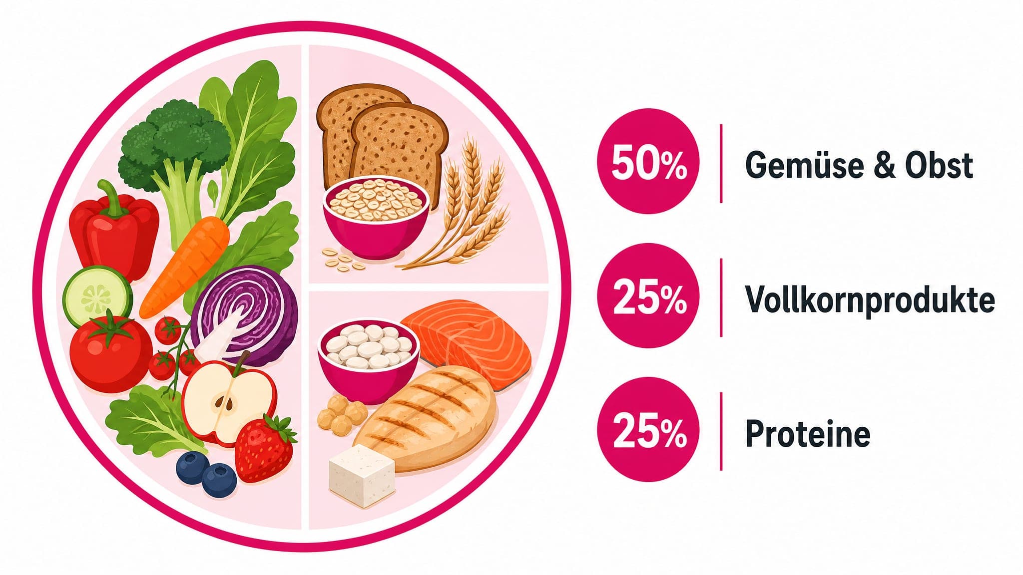 Ein Teller ist in vier Segmente aufgeteilt: 50% Gemüse & Obst, 25% Vollkornprodukte, 25% Proteine.