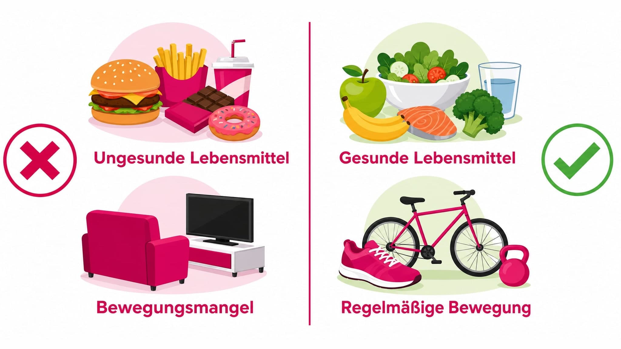 Eine Seite zeigt Symbole für ungesunde Lebensmittel und Bewegungsmangel, die andere Seite für gesunde Lebensmittel und Bewegu