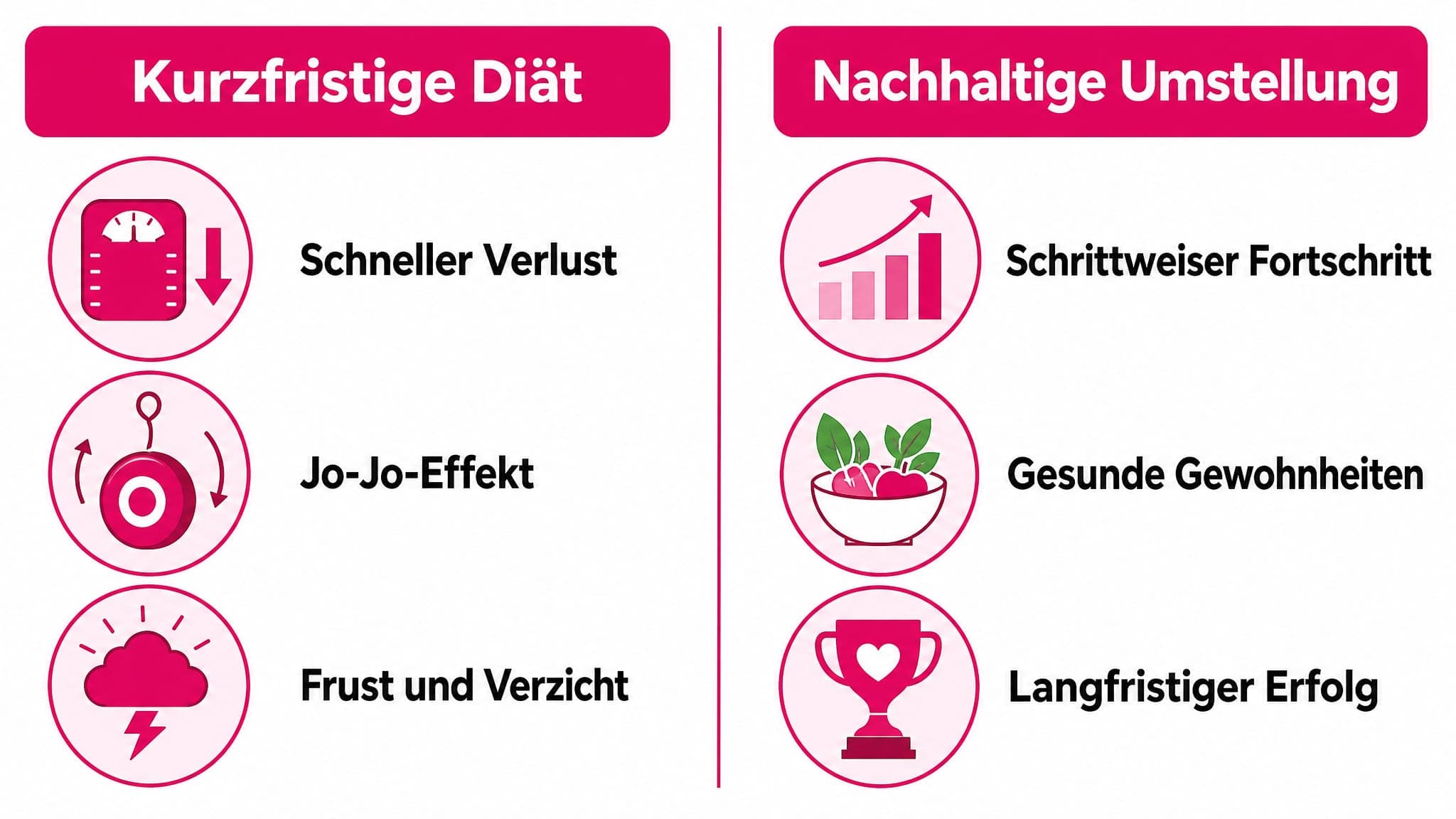 Zwei Spalten im Vergleich: "Kurzfristige Diät" (negativ hervorgehoben) und "Nachhaltige Umstellung" (positiv hervorgehoben).