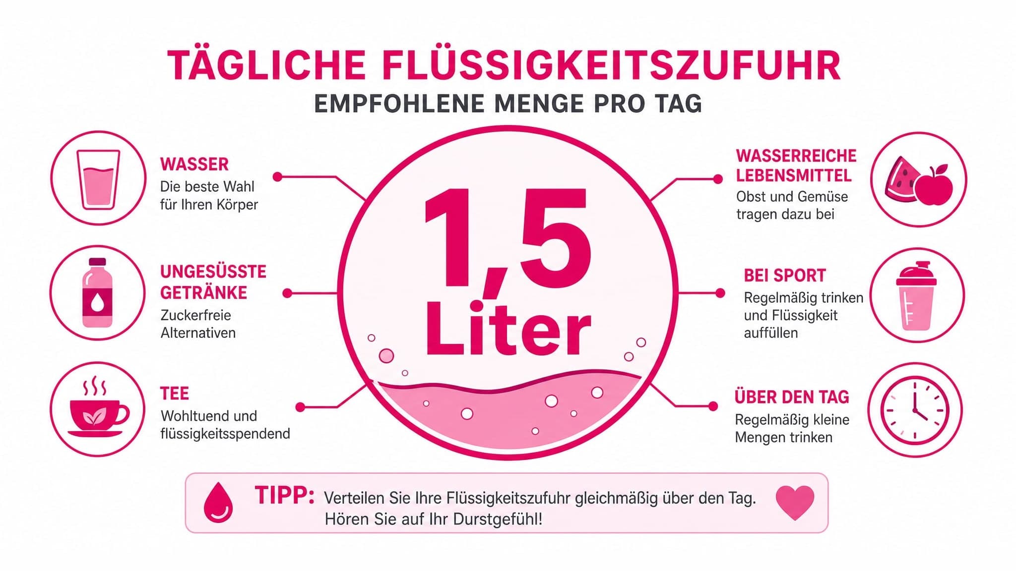 Ein großer Kreis zeigt den empfohlenen täglichen Flüssigkeitskonsum von 1,5 Litern.