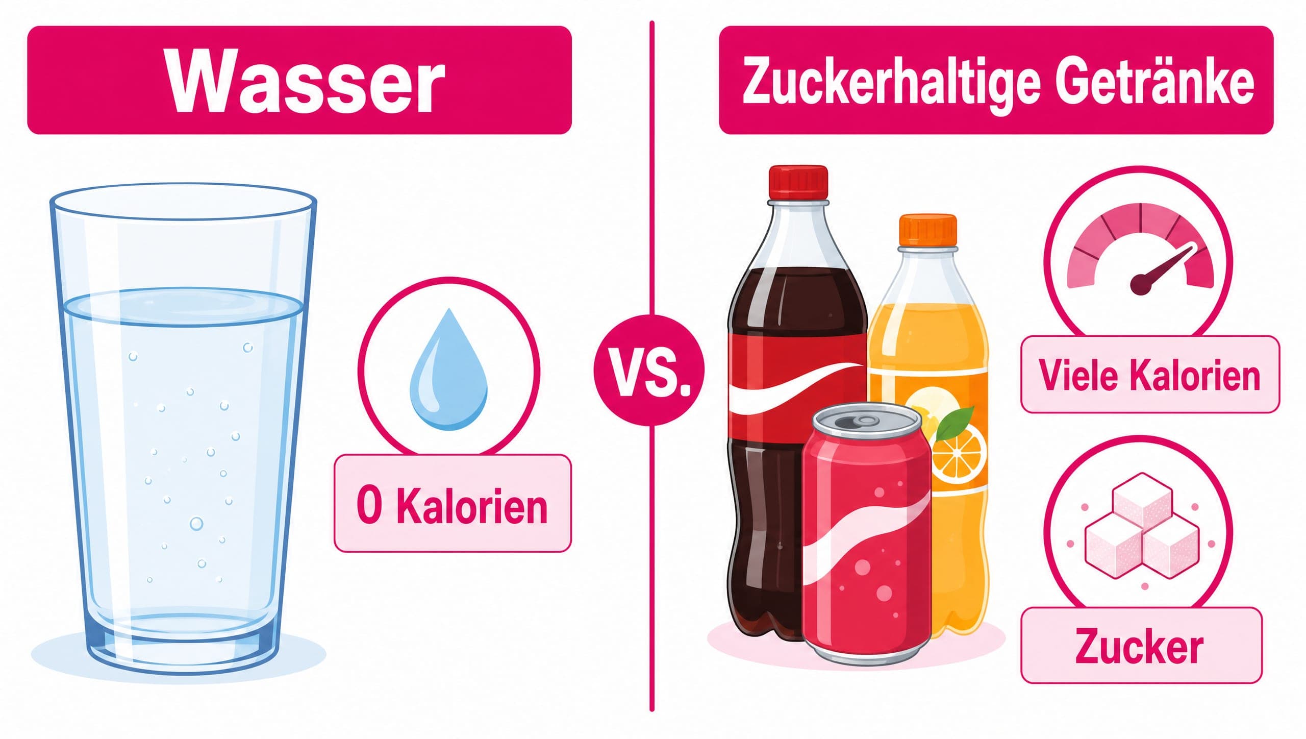 Zwei Säulen vergleichen Wasser (0 Kalorien) mit zuckerhaltigen Getränken (hohe Kalorien und Zucker).