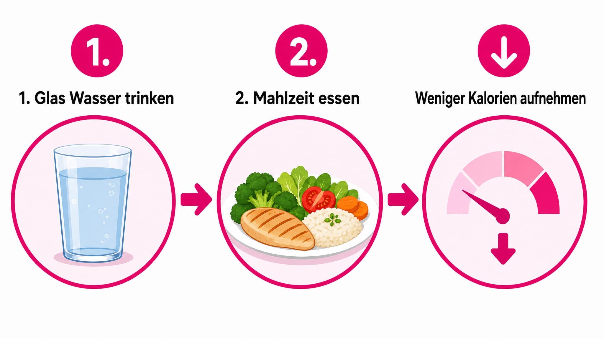 Schritt-für-Schritt-Darstellung: erst Wasser trinken, dann essen und weniger Kalorien aufnehmen.