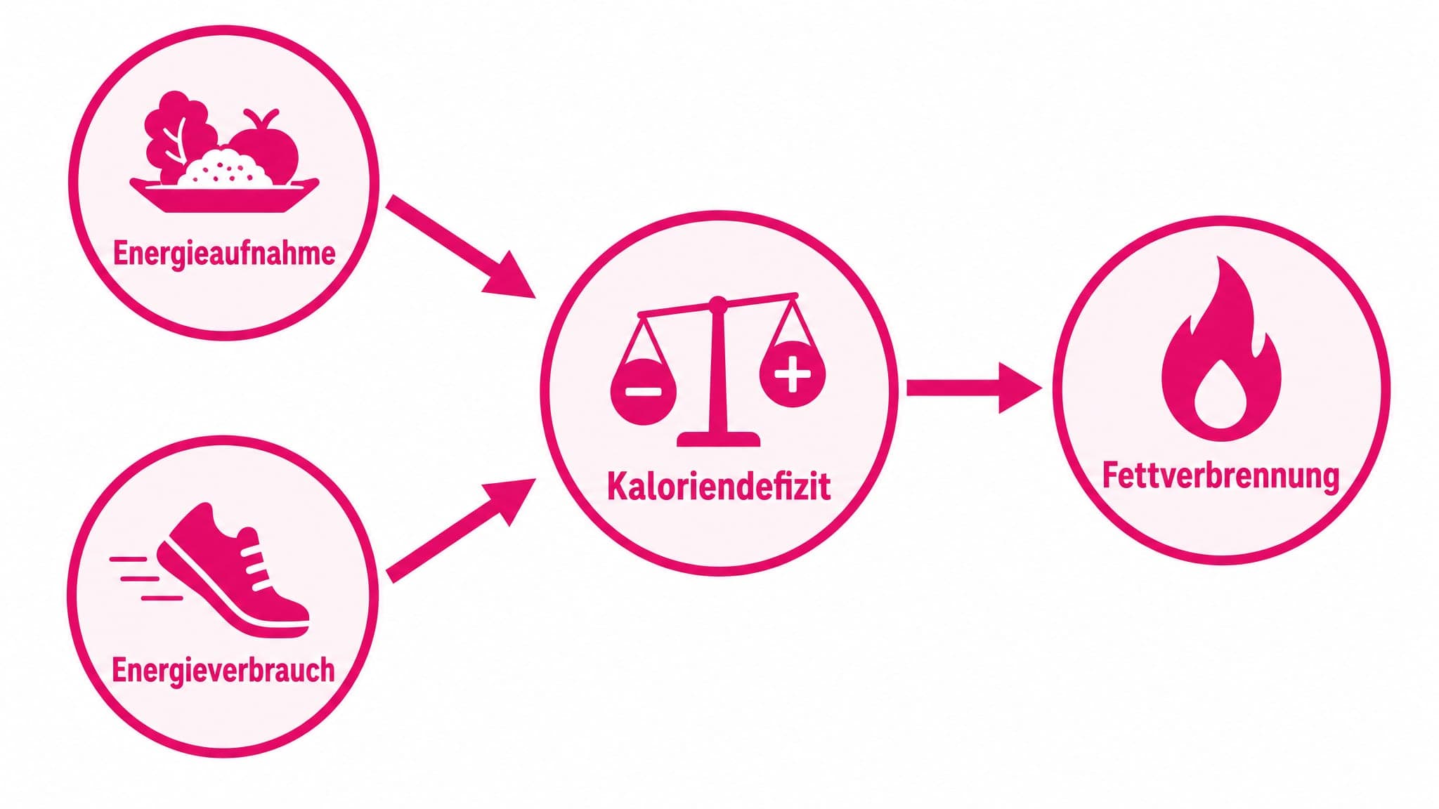 Pfeile zeigen von "Energieaufnahme" und "Energieverbrauch" auf "Kaloriendefizit", von dort auf "Fettverbrennung".