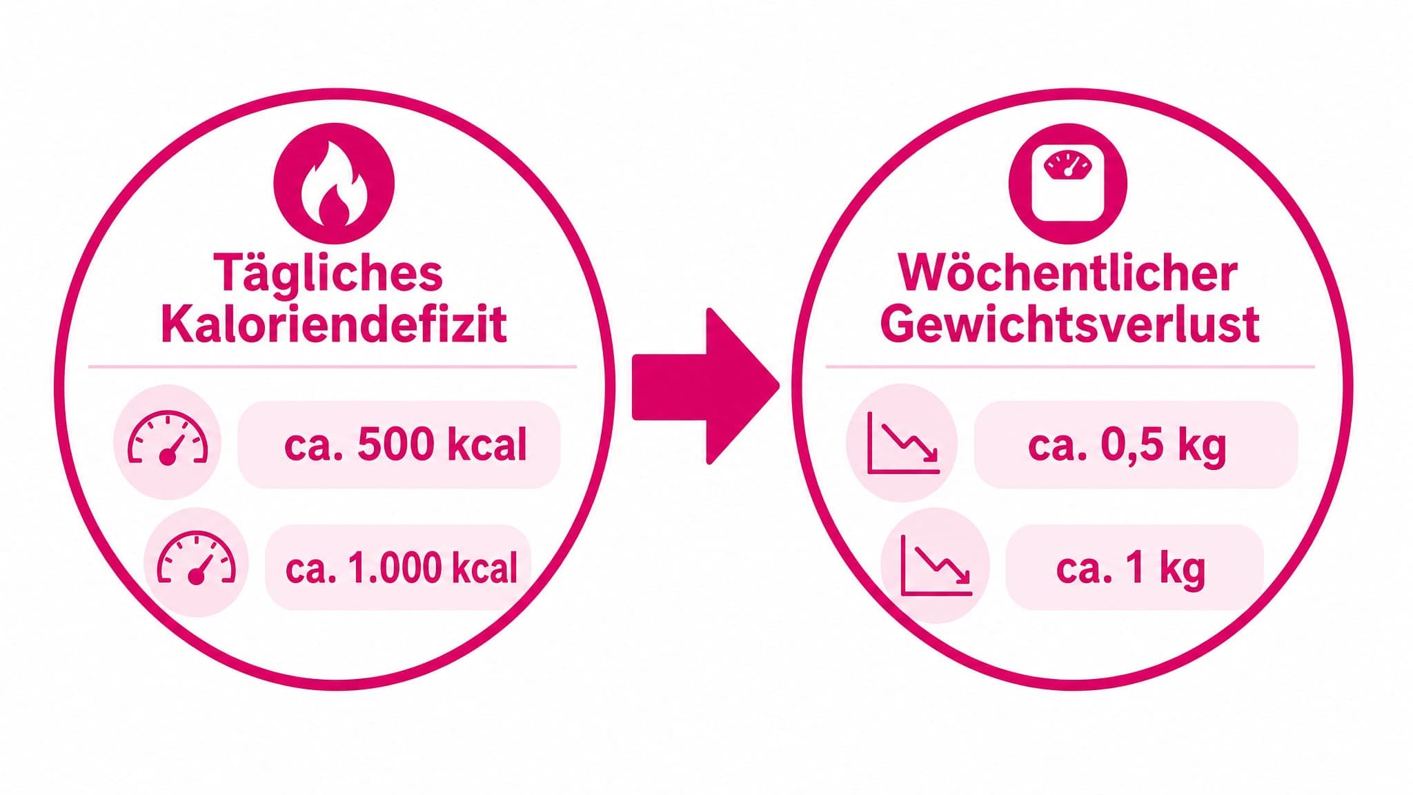 Pfeildiagramm zeigt: Kaloriendefizit (500-1000 kcal/Tag) führt zu Gewichtsverlust (0,5-1 kg/Woche).