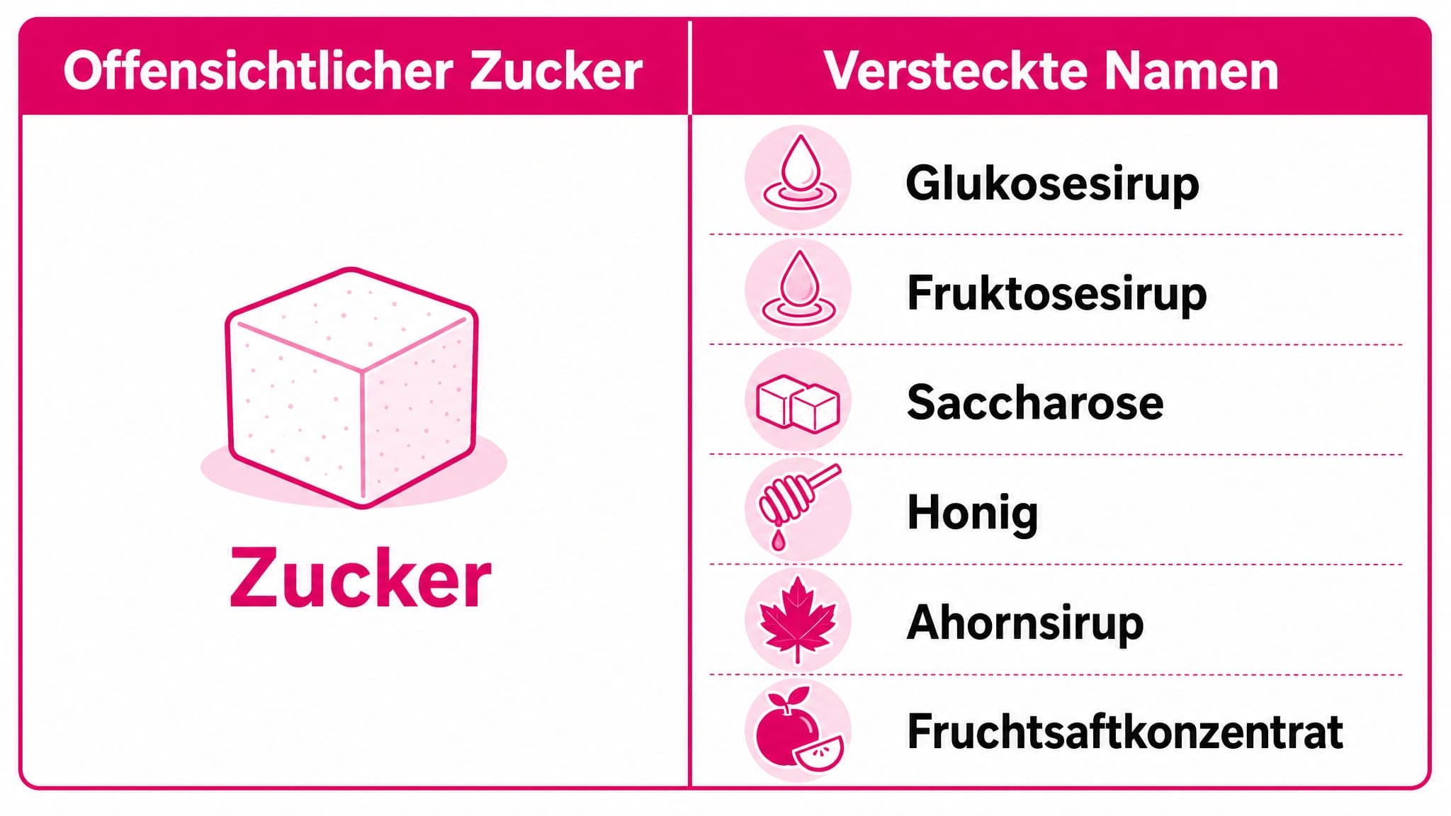 Zwei Spalten vergleichen gängige Zuckerformen mit versteckten Zuckerbegriffen.