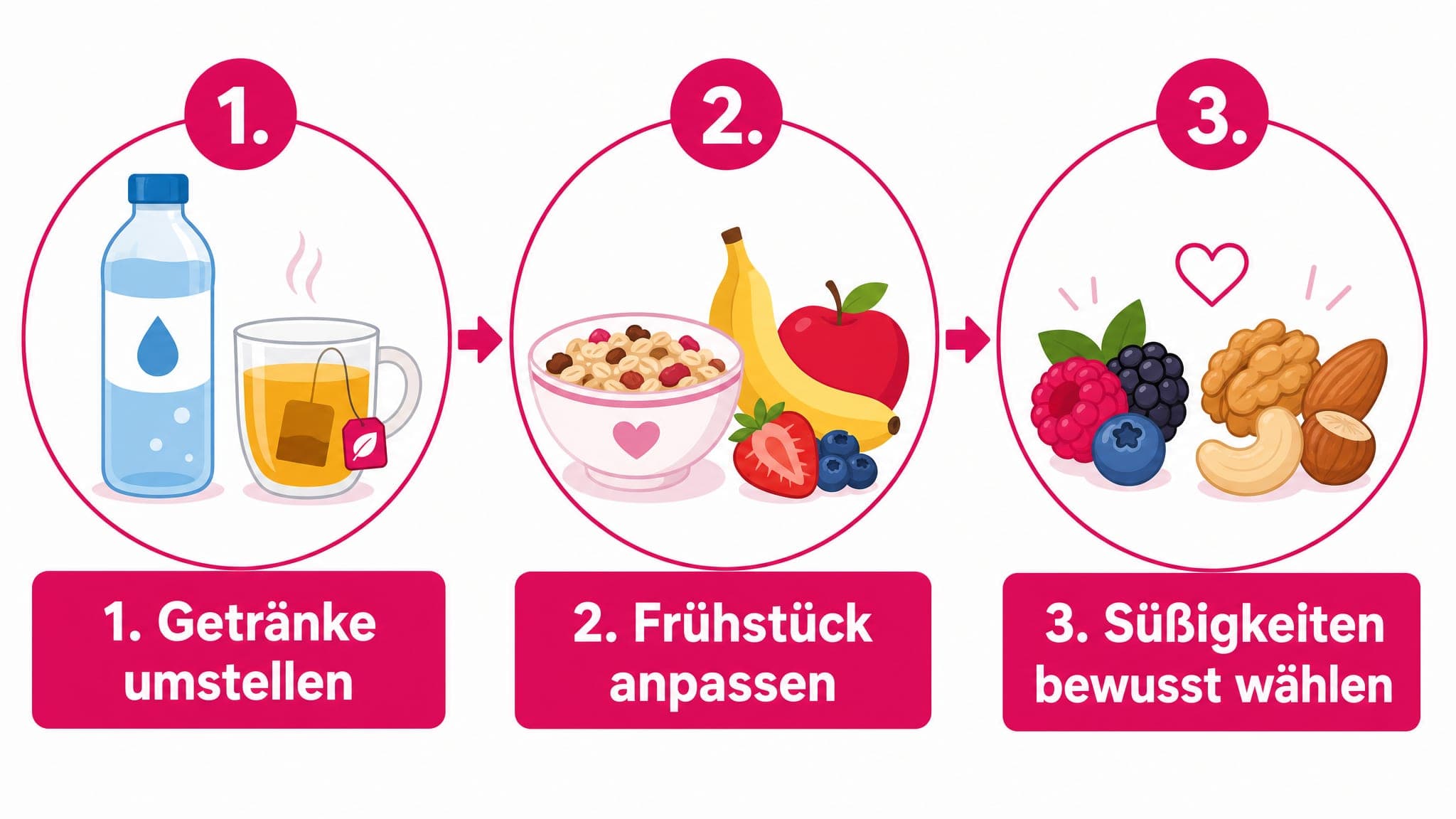 Nummerierte Schritte zeigen den Weg zur Zuckerreduktion: 1. Getränke umstellen, 2. Frühstück anpassen, 3. Süßigkeiten bewusst