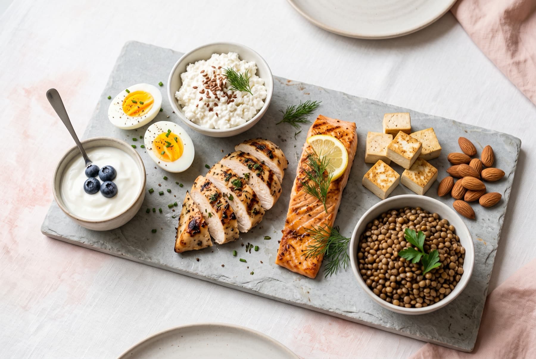Eiweißreiche Lebensmittel auf einer Schieferplatte: Eier, Hüttenkäse, Hähnchen, Linsen, Tofu, Lachs und Mandeln