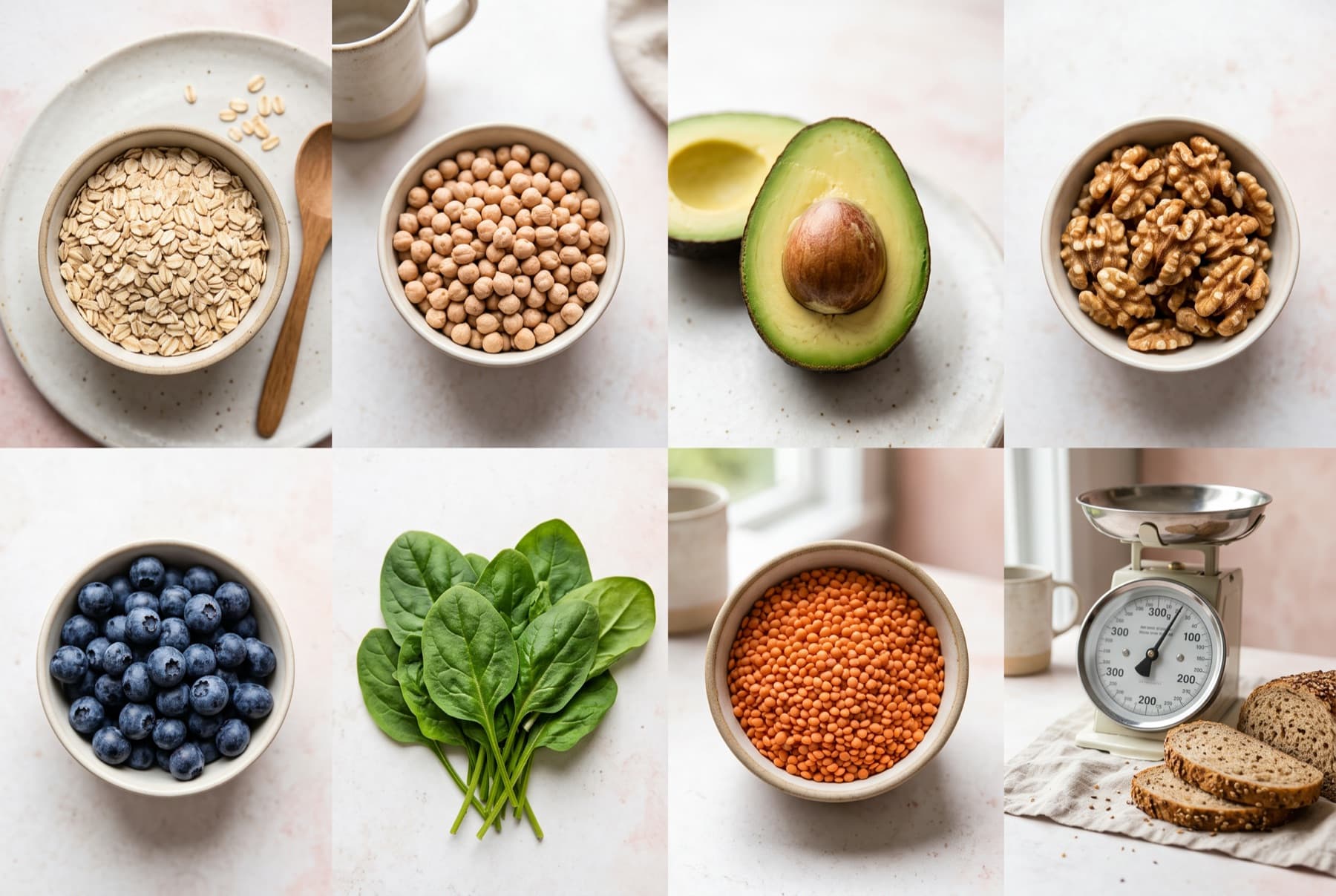 Vollwertige Lebensmittel in einem Raster: Haferflocken, Kichererbsen, Avocado, Walnüsse, Blaubeeren, Spinat, Vollkornbrot