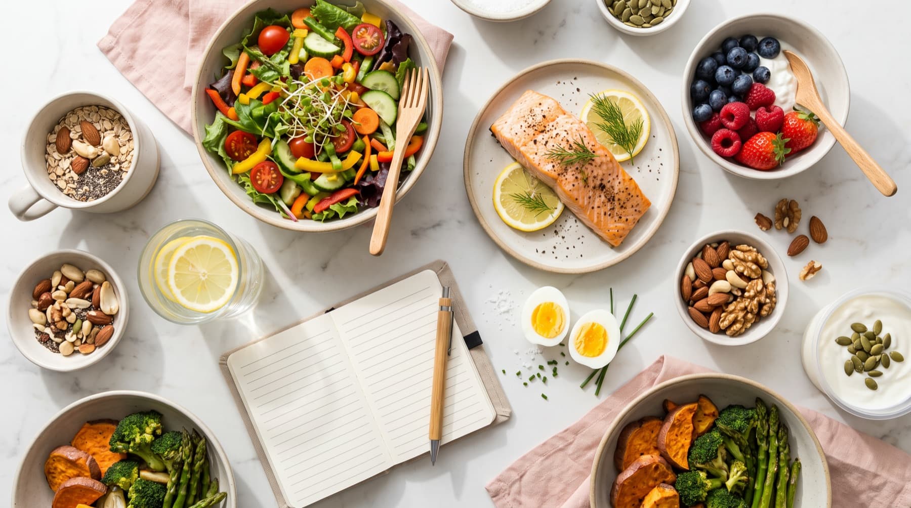 Wochenplan mit gesunden Lebensmitteln: Gemüse, Salat, Lachs, Eier, Quark, Beeren, Haferflocken und Nüsse auf einem Tisch