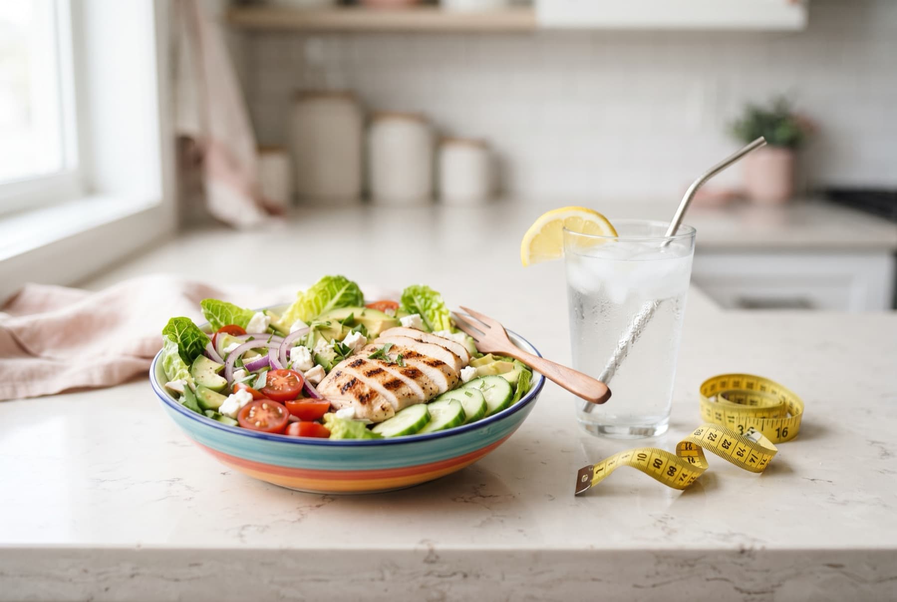 Frischer Salat mit Hähnchenbrust, Wasserglas und Maßband auf einer hellen Küchenarbeitsfläche