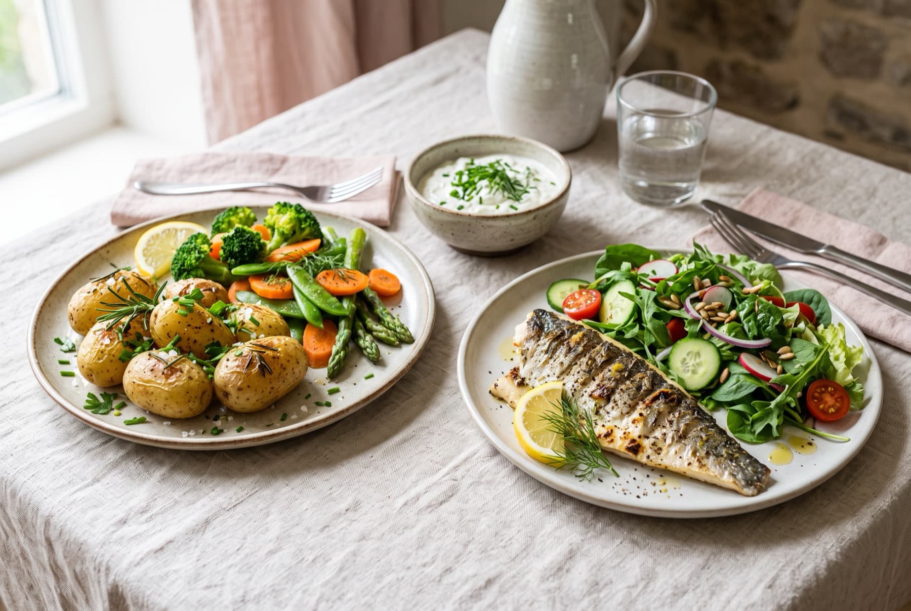 Zwei getrennte Teller: Ofenkartoffeln mit Gemüse und gegrillter Fisch mit Salat, dazwischen Quark